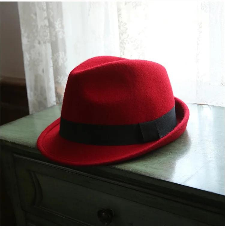 Красный Ретро Красная Англия Fedoras Flanging Панамы австралийская шерсть Черный узкий джазования с полями шляпа осень/зима шляпы для женщин Повседневная одежда - Цвет: Красный