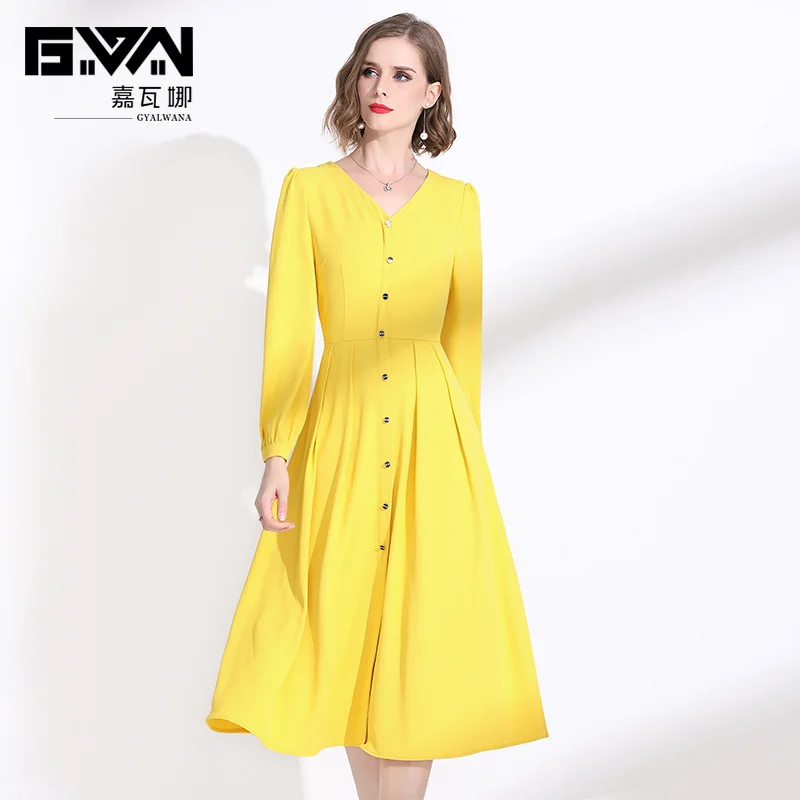 

2020 Spring Women's Yellow High End Chiffon A-line Elegant Dresses for Female Long Sleeved Yellow Vestidos