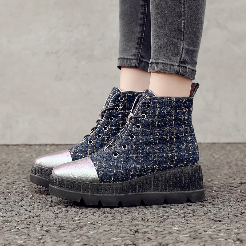 Women's genuine leather fabric patchwork lace-up platform flats ankle boots leisure punk short martin boots high quality shoes