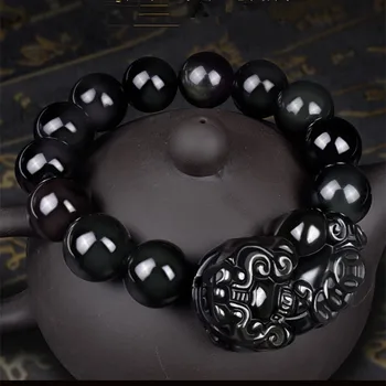 

lovers Natural Black Obsidian Buddha Bracelet Eight Patron Saints Chinese Zodiac Round Beads Bracelet Men Women Lucky Jewelry