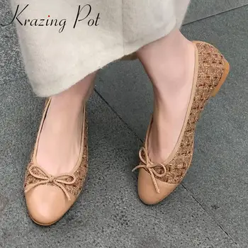 

Krazing pot full grain leather round toe shoes women beauty lady bowtie Korean street design shallow slip on summer flats L90