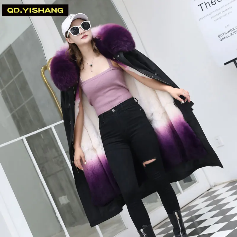 Purple and black Женское натуральное меховое пальто, парка, шуба, натуральный Лисий мех, воротник, подкладка из кроличьего меха Рекс, зимнее теплое пальто - Цвет: Purple and black