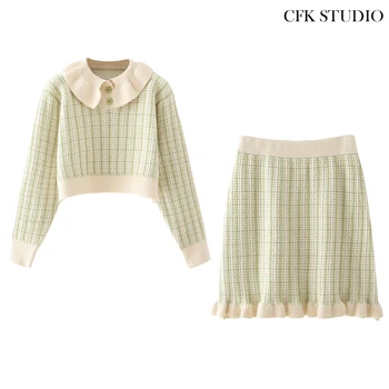 

Women Sweater Two Pc Sets 2020 Autumn Long Sleeve Elegant Knitted Pullover Top+knitted Miniskirt Femme Knitted Two Pc Sets