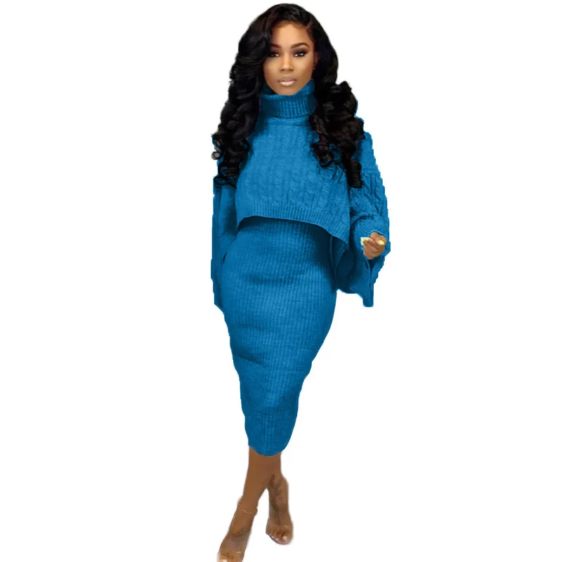 Autumn Winter Knitted Sweater Two Piece Set Turtleneck Long Sleeve Loose Crop Top+ Bandage Midi Tank Dress Plus Size Tracksuit