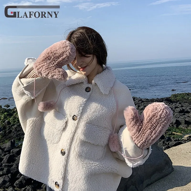 Г. Glaforny новые модные корейские женские варежки из меха кролика рекс кожаные перчатки для девочек, сохраняющие тепло зимой
