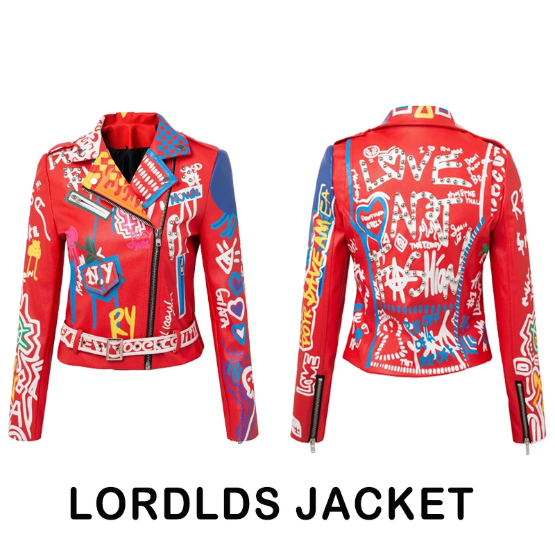 white bubble coat LORDLDS Red Leather Jacket Women Graffiti Colorful Print Moto Biker Jackets and Coats PUNK Streetwear Ladies Clothes waterproof parka