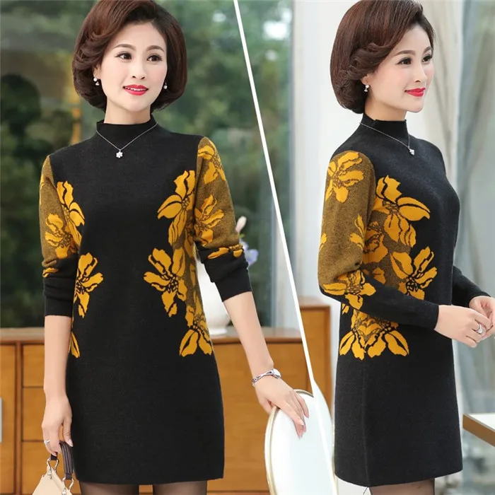 Women Turtleneck Sweater High-end Knitting Dress Autumn Winter New Pullover Print Flower Knitted Loose Dresses Vestidos