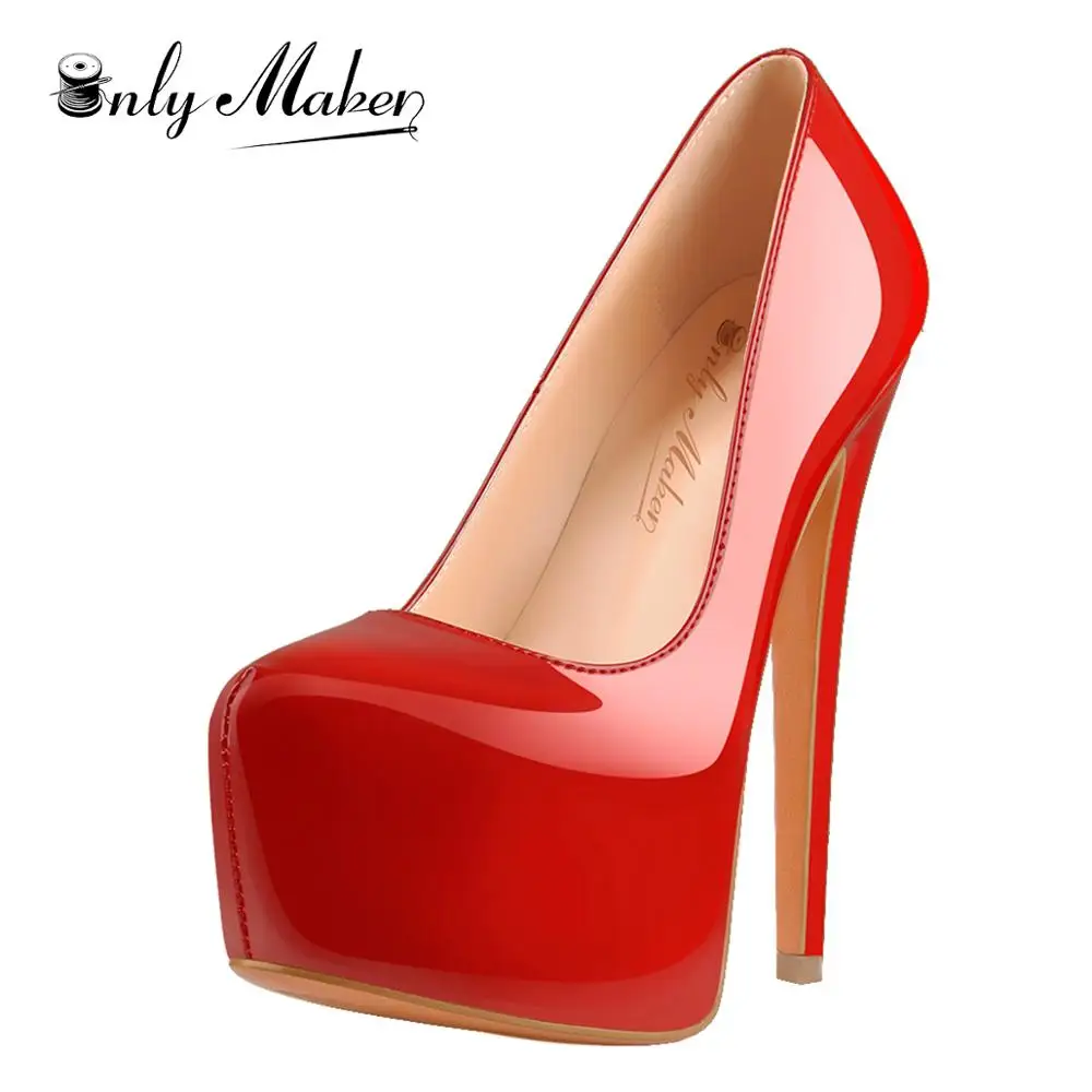 

Onlymaker Women Platform Round Toe Pumps Slip On Stiletto Black Patent High Heels Wedding Party Shoes Plus Size Sexy Heels