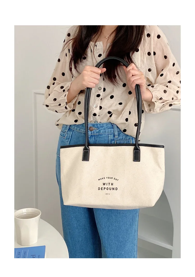 Ladies Canvas Shoulder Bag Female Retro PU Stitching Drawstring Design Totes Trend Large-Capacity Casual Travel Bag for Women women's bags on sale	