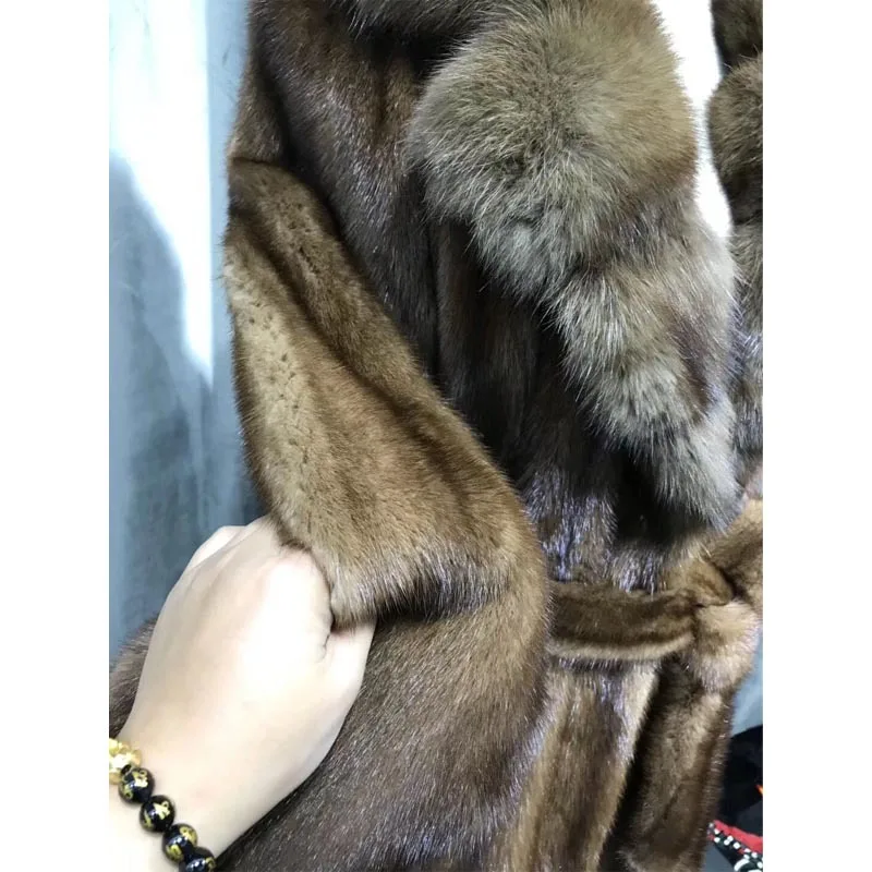 Татьяны норковые меховые пальто Зимняя настоящая норка пальто х-Длинная женская 110 см Тонкая норковая шуба с поясом ошейник из натуральной кожи