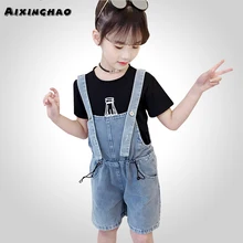 Девушки джинсы шорты на подтяжках с изображением красных губ и джинсовый комбинезон для детей Повседневное летняя одежда для девочек комбинезоны, детская одежда на возраст 6, 8, 10, 12 лет