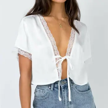 

2019 Fashion Sexy Elegant Womens Ladies Short Sleeve Deep V Neck Silk Crop Tops Lace Satin Shirts Short Skinny Blouses White Tee