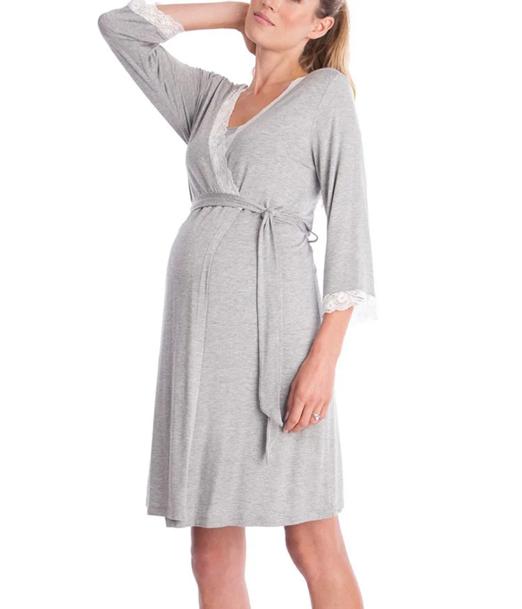 Халат для беременных; ночная рубашка с кружевной отделкой и рукавом до локтя; ночная рубашка; Пижама для кормящих; Пижама для беременных; Пижама для кормящих - Цвет: light gray
