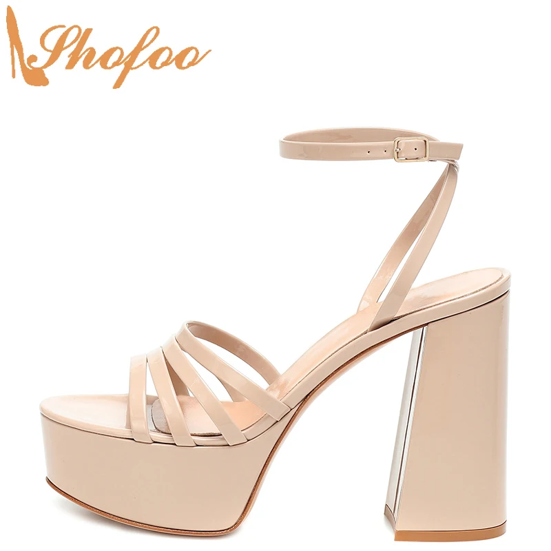 

Nude Patent Platform Women High Chunky Heels Sandals Narrow Band Ladies Summer Fashion Mature Sexy Shoes Large Size 13 15 Shofoo