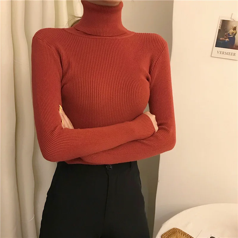 

Hot Sale Pullover 2020 AUTUMN Winter Women Knitted Foldover Turtleneck Sweater Casual Rib Jumper Throat Female Pull Clothes Coat