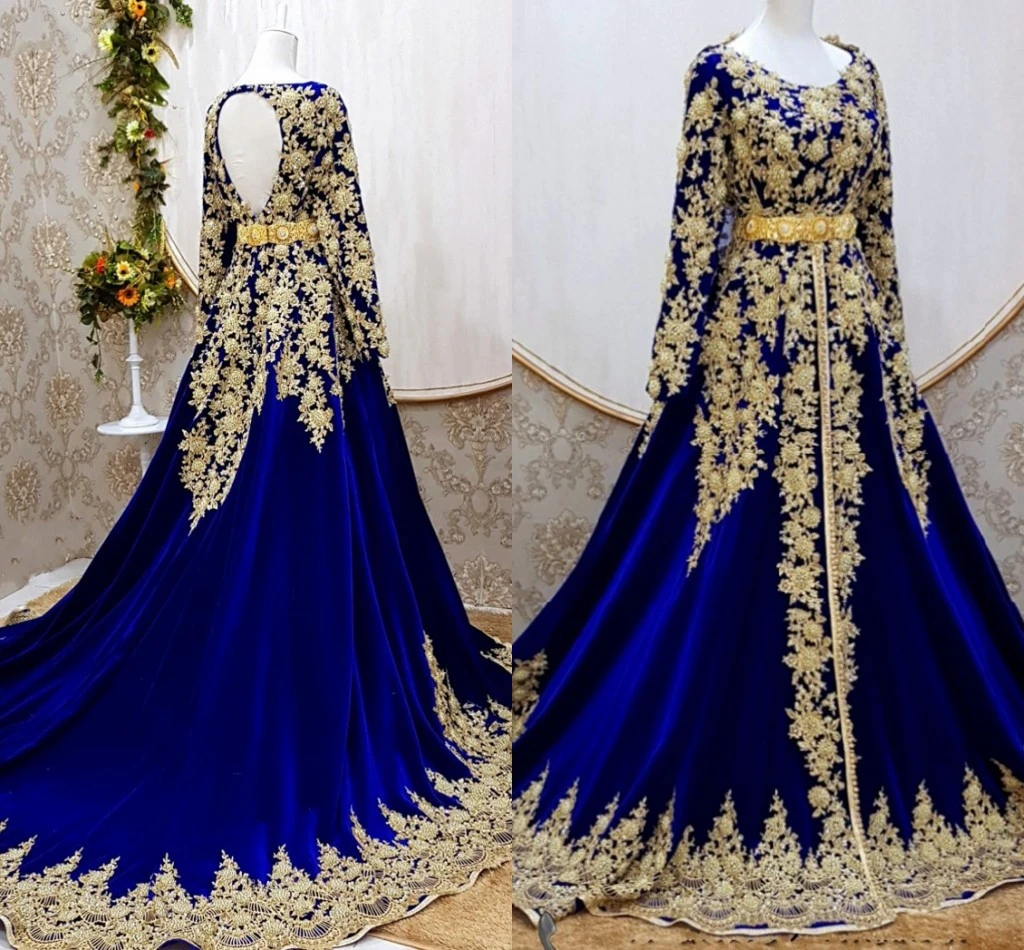 Caftan Marocain De Soirée Royal Blue Evening Dresses Long Sleeve Gold Applique Kaftan Prom Gowns with Cape Vestidos Formale gold evening gowns