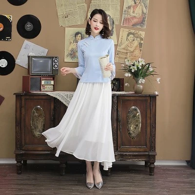 blue qipao suits Sheng Coco дамские Китайские комплекты из шифона юбка и кофточка Ципао костюмы с рукавом лотоса Cheongsam топы китайский стиль чайная одежда - Цвет: blue qipao suits
