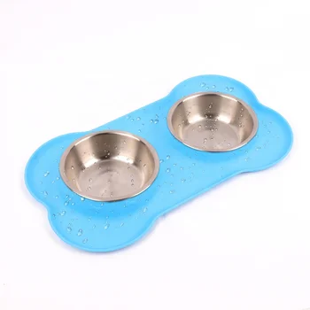 

Dog Bowl Bone Shape Silicone Double Stainless Steel Feeding with Station Tray No Spill No Skid Pet Feeder Bowl