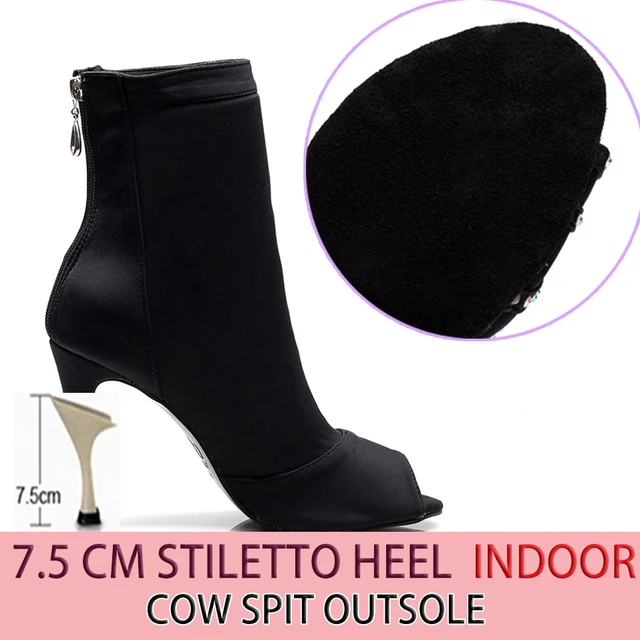Discounts Sale Jazz Salsa Ballroom Latin Dance Shoes High Heel For Dancing Women Training Ladies Black Flock 1022 Summer Boots leather 7.5cm heel