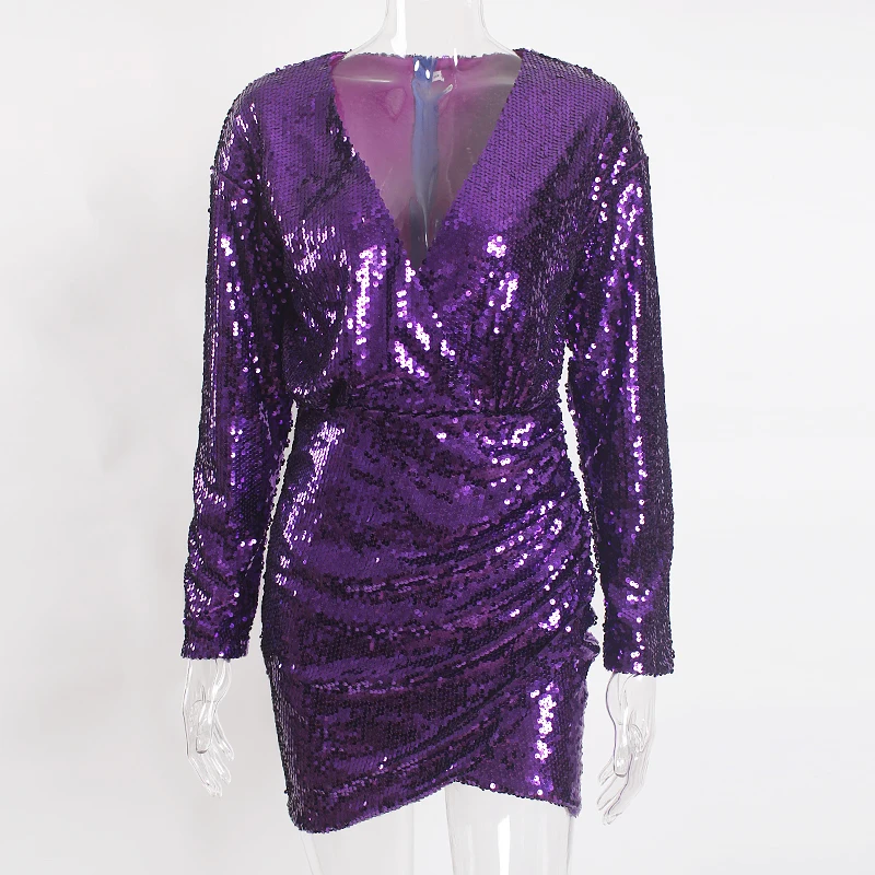 Блестящее расшитое блестками сексуальное мини-платье фиолетового цвета с глубоким v-образным вырезом и длинным рукавом, короткое вечернее праздничное платье