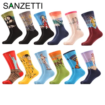 

SANZETTI 2020 New 1 Pair Renaissance Socks Men's Casual Cotton Crew Socks Classic Famous Beethoven Mona Lisa Oil Painting Socks