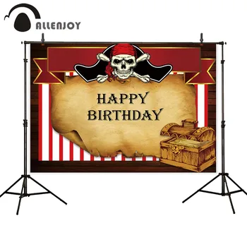 

Allenjoy Pirate Theme Wall Decoration Red White Stripe Treasure Box Map Ribbon Bone Happy Birthday Photobooth Child Party Banner