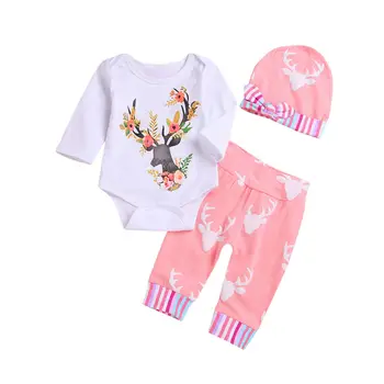 

2019 HOT infant baby girl Xmas clothes suit cartoon Christmas deer print romper+ pants + headwear 3Pcs comfortable newborn suit