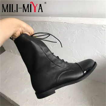 

MILI-MIYA Fashion Office Riding Boots Autumn Spring Cow Leather Round Toe Lace Up Low Heels Women Soft Shoes Size 34-40 Black