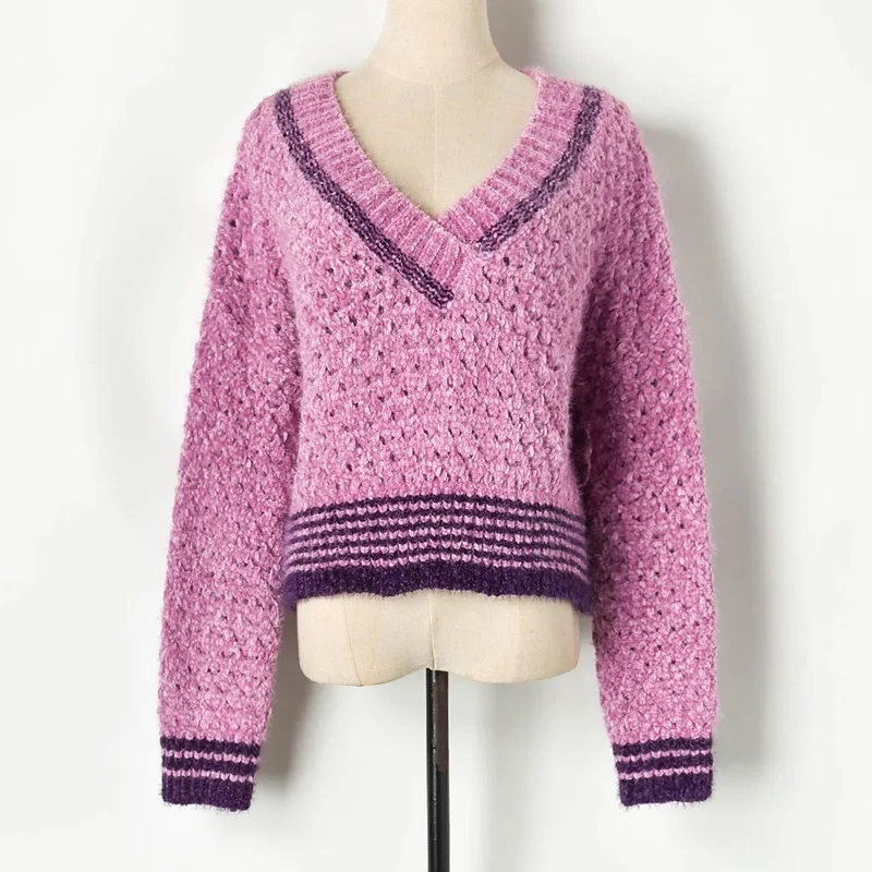 V-neck sweater Осень контрастный цвет полый v-образный Вырез Свободный короткий вязаный женский свитер-пуловер - Цвет: V-neck sweater