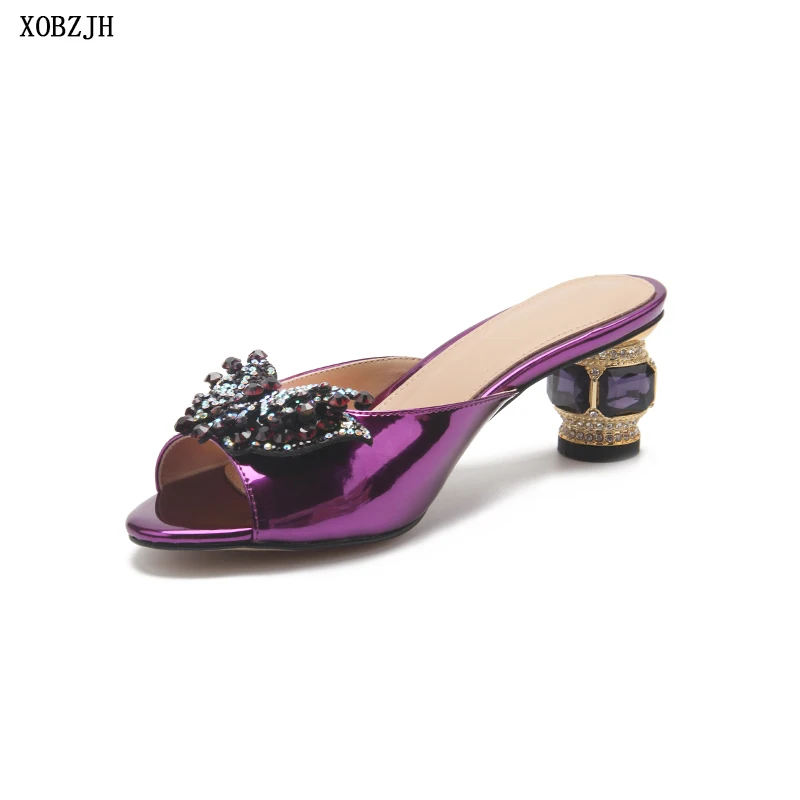 Брендовая обувь; Дизайнерские летние босоножки; роскошная женская обувь; коллекция года; босоножки на низком каблуке для зрелых женщин; Роскошная Свадебная обувь с открытым носком размера плюс - Цвет: purple