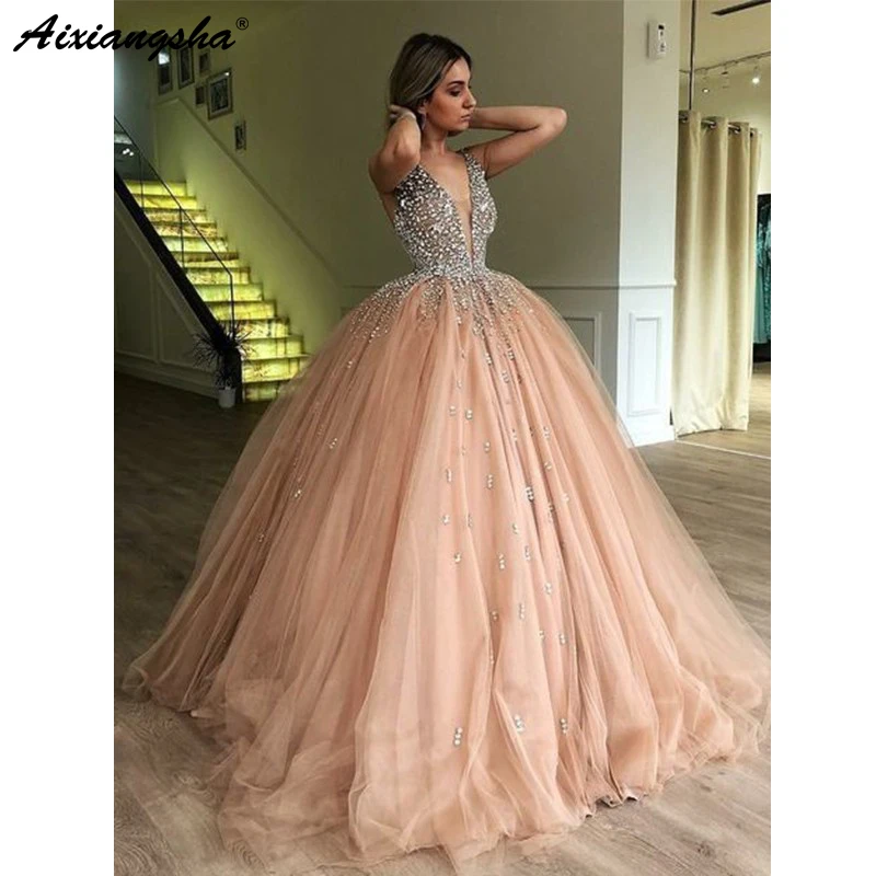 

Champagne Evening Dresses 2019 Sexy V-Neck Beading Ball Gown Prom Dress Tulle Islamic Dubai Kaftan Saudi Arabic Evening Gown
