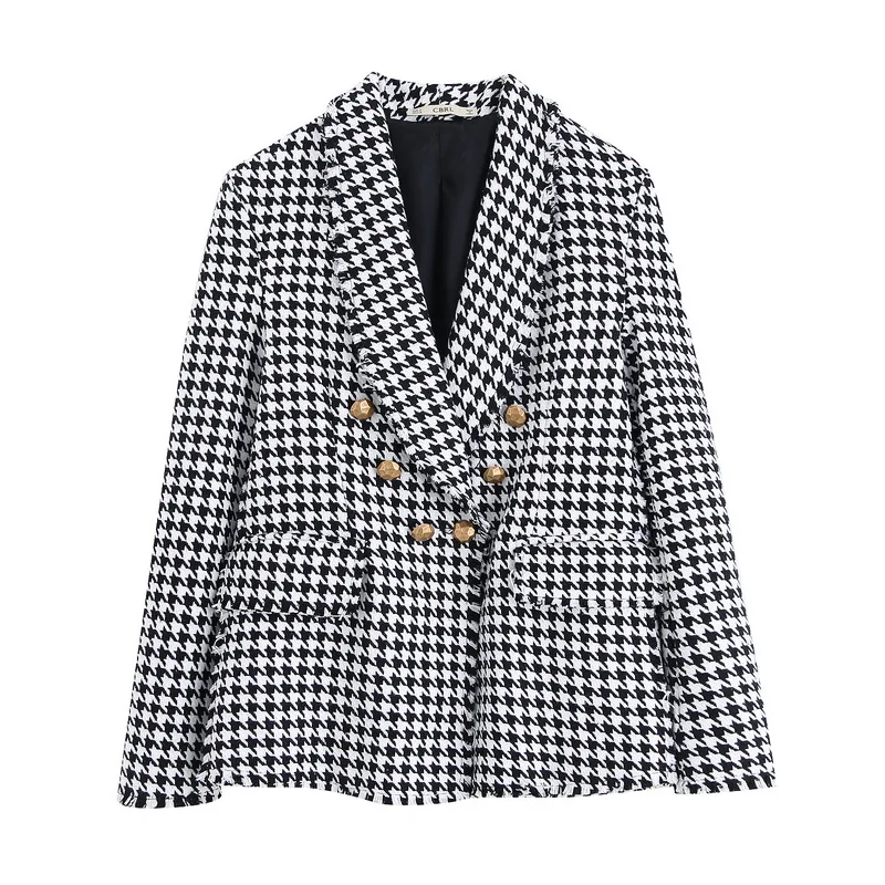 Beste Vrouwen Jas Herfst 2019 Nieuwe Mode Houndstooth Patroon Double Breasted Vrouwelijke Casual Blazer Jas Moderne Dame Herfst Top
