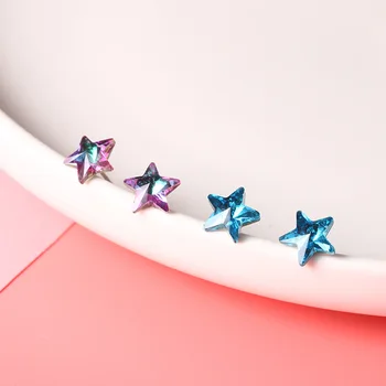 

100% 925 Sterling Silver Stud Earrings Star Earrings For Women 8mm Blue Crystal Girl Ear Fashion Jewelry New 2020