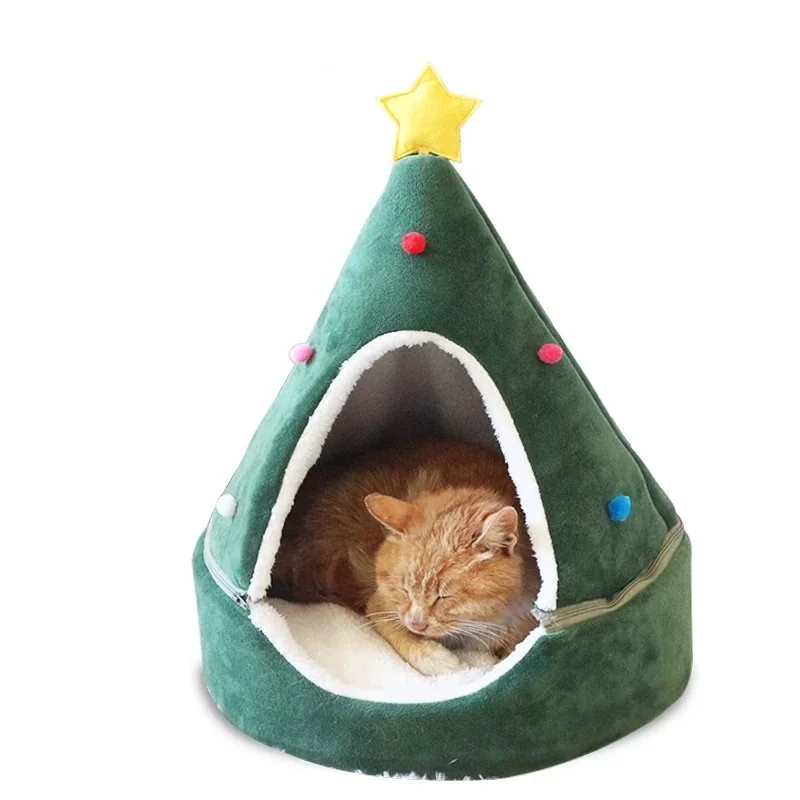 Новогодний мягкий теплый домик для кошки в форме рождественской елки в виде собачки, новогодний теплый домик для питомца, новогодняя теплая спальная кровать