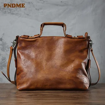 

PNDME vintage luxury natural genuine leather men's briefcase handbag business casual high-quality cowhide shoulder messenger bag