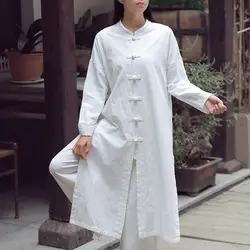 Женская льняная куртка длинная одежда Китайская традиционная Ретро Кунг Фу Ушу тайцзи Униформа Teaism одежда повседневная одежда платье Hanfu