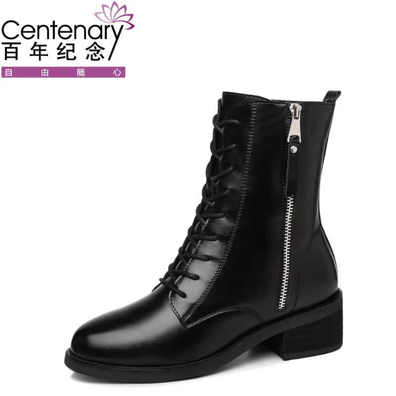 

Centennial 2019 Winter New Style round-Toe Chunky Heel Boots Side Zipper Casual Short Boots Waterproof Platform WOMEN'S Shoes 20
