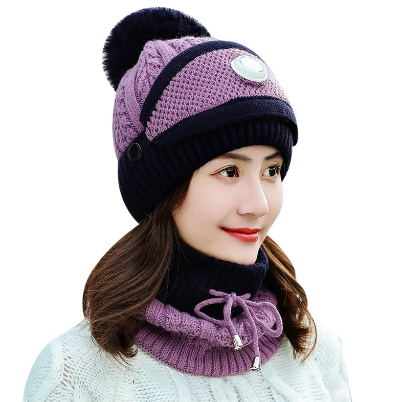 Winter Knit Set Women Girls Patchwork Ball Hat Skullies Beanies Lace-up Scarf O Ring Face Mask Woman Ski Cap 9108 - Цвет: Purple