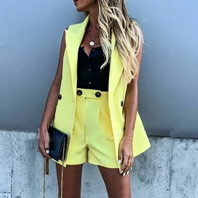 plus size pant suits Women Two-Piece Suit Waistcoat And Shorts Set Solid Color Vest Coat Single Button Yellow Sleeveless Blazers With Shorts Suit sweat suits women