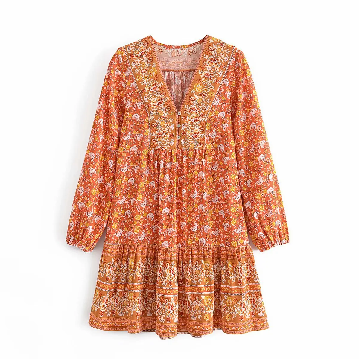 

Fashion Summer Women's Clothes Boho Holiday Casual Loose Dress Yellow Flower Print Longs Sleeve Beach Wear