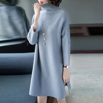 

Women Wool Knitting Dress Korean Japan New Spring Casual Sweater Turtleneck Straight Top Robe Femme Plain Vestidos Office Lady