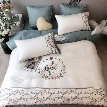

60 Tencel Four-piece Set Embroidered High-End Summer Silky Bare Sleeping Hipster Sheet Quilt Cover 1.8M Double