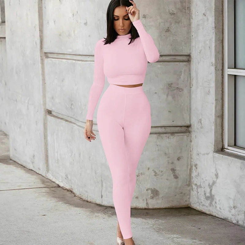 Two Piece Sets Women Solid Autumn Tracksuits High Waist Stretchy Sportswear Hot Crop Tops And Leggings Matching Outfits pink sweat suits