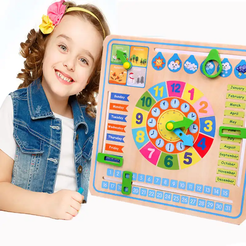 children's educational wooden calendar clock toy