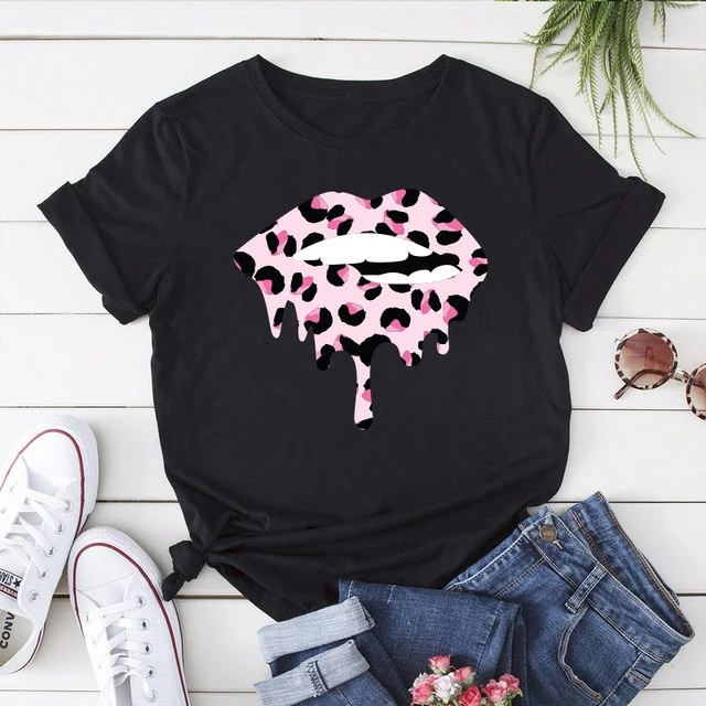 Summer Fashion Shirt Lips Leopard Graphic T Shirt Women Harajuku Tops  O-neck 4 colors Tee Kiss Lip Funny Girls  T-shirt Lips 5 Black
