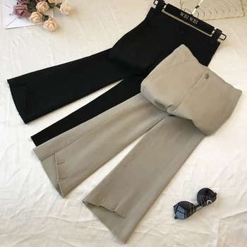 

Korean 2020 Spring Summer New Fashion Women Casual Pants Elegant High Waist Beige/Black Flare Pants For Female High Quality