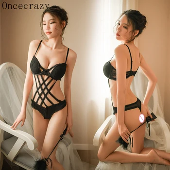 

Oncecrazy Sexy lingerie women underwear porno Erotic Thin section Adult female black straps mesh tights jumpsuit hot temptation