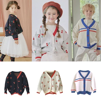 

RJ 2020 autumn and winter ins hot style Korean new children's clothing knitted cherry cotton sweater cardigan
