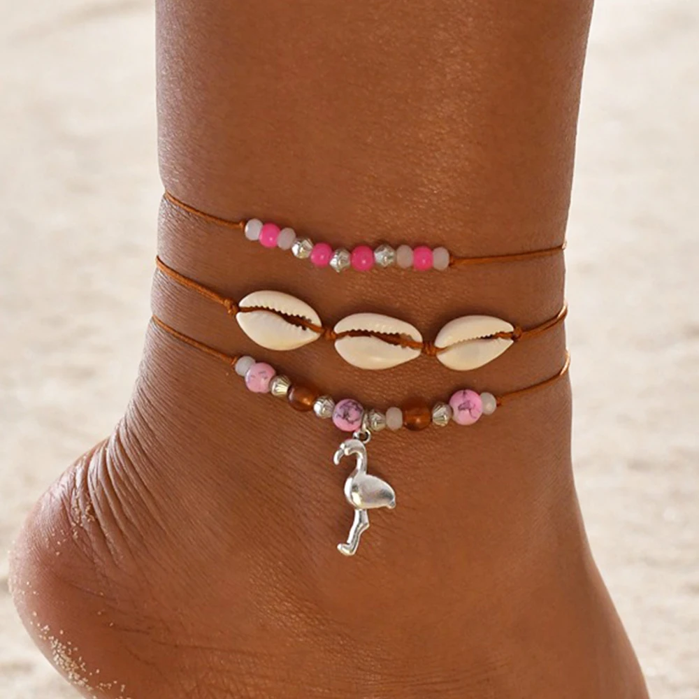 Bohemian Multilayer Shell Anklets for Women Beads Anklet Flamingo Pendant Ocean Bracelet 2020 DIY Boho Foot Jewelry | Украшения и