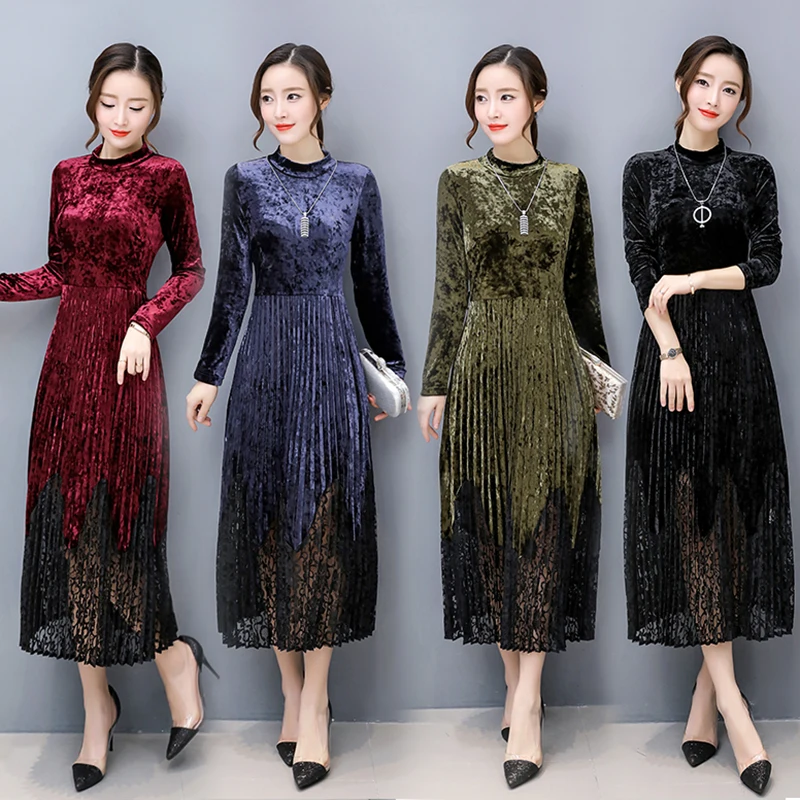 

Large size M-XXXL vrouwen jurk 2019 Autumn winter Gold velvet Long sleeved slim temperament lace long skirt